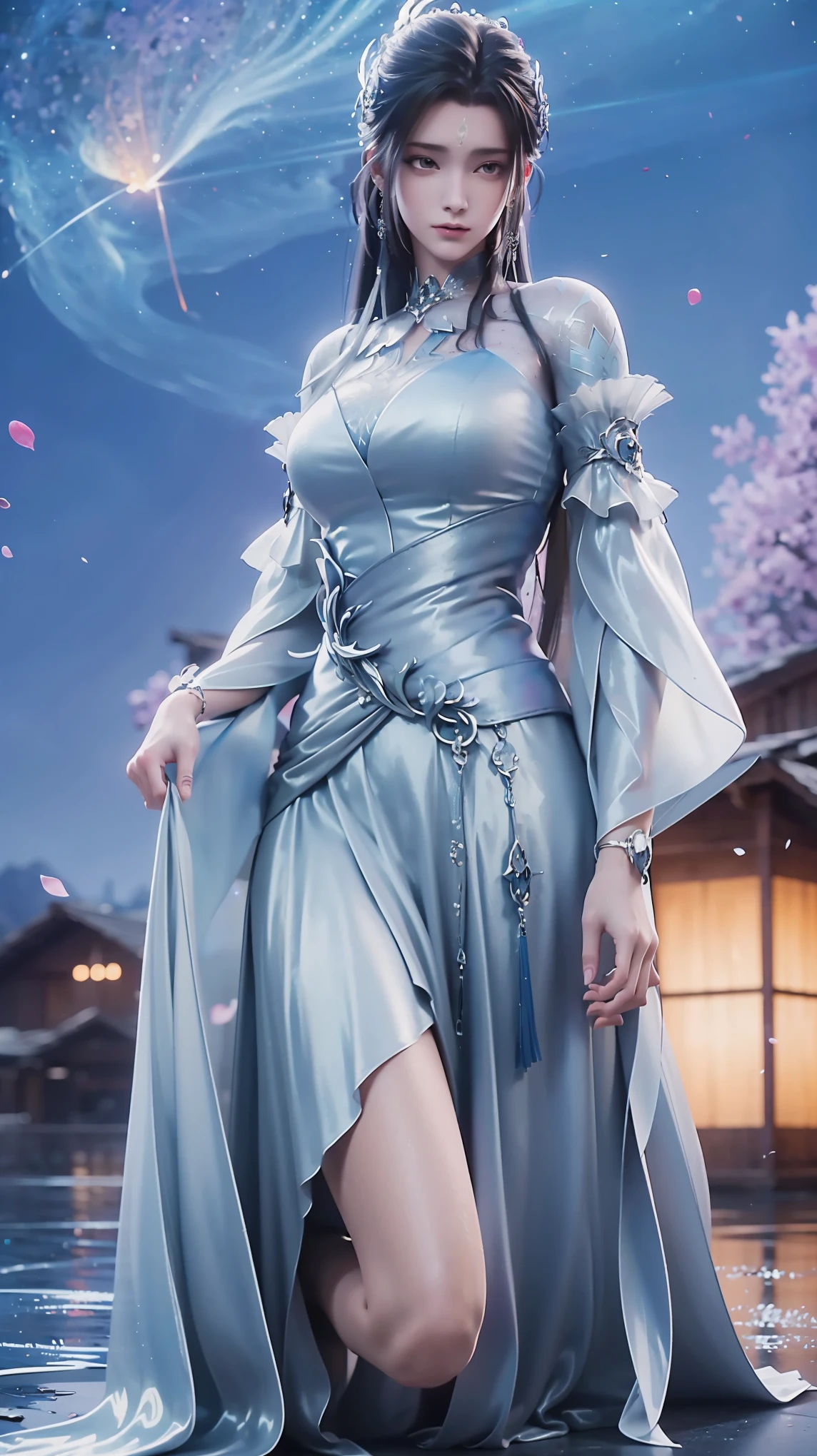 A beautiful anime girl kneeling in the starry sky, with water splashing around her knees, CG trend, smooth anime CG art, starry sky background, full body view, elegant lady kneeling pose, intricate detailed facial features, beautiful defined eyes, sharp nose, delicate lips, long eyelashes, pale skin, detailed clothing folds, soft lighting, vibrant colors, cinematic composition, masterpiece, 8k, hyper detailed, photorealistic, award winning digital art