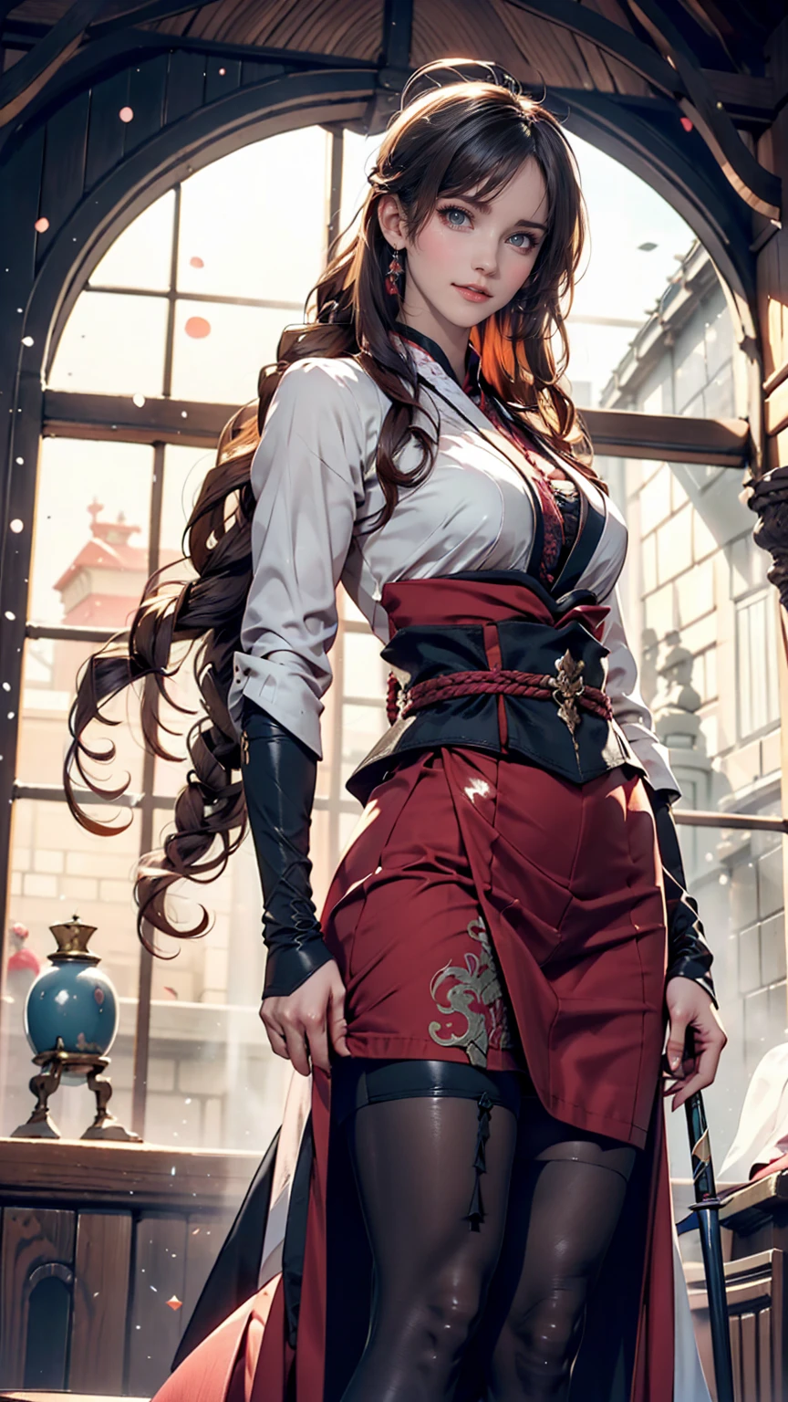 Japanese anime style. woman. middle ages. Europe. Fantasy. skirt. sword. Are standing. whole body. From below.