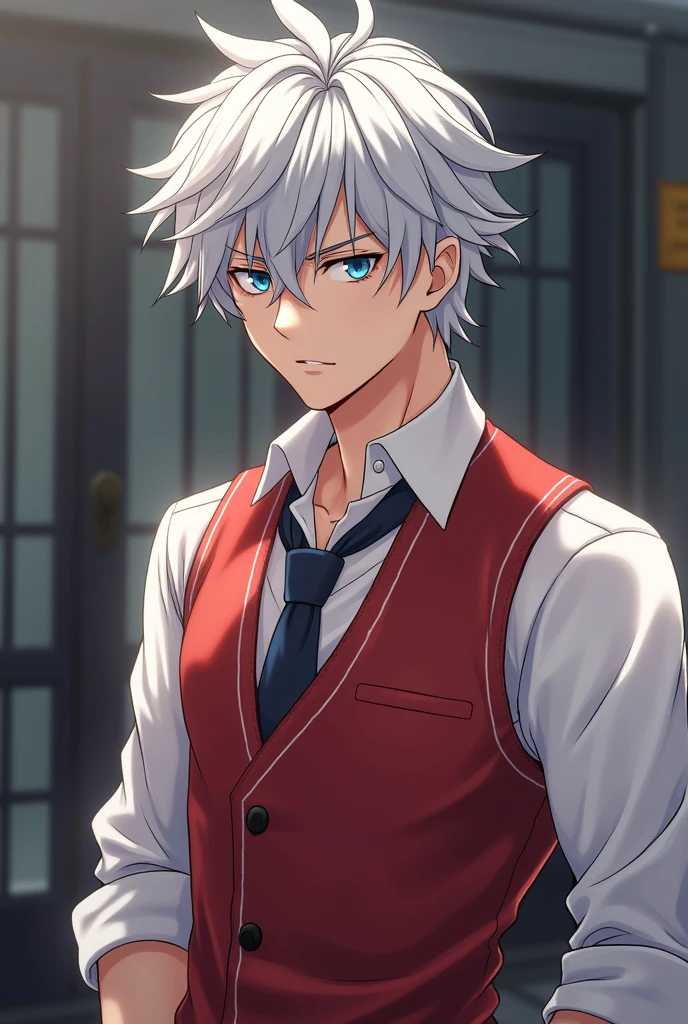 I drew a handsome high school boy in his third year who is a member of the boxing club and gave him silver hair.、Dressed in a uniform with a red vest