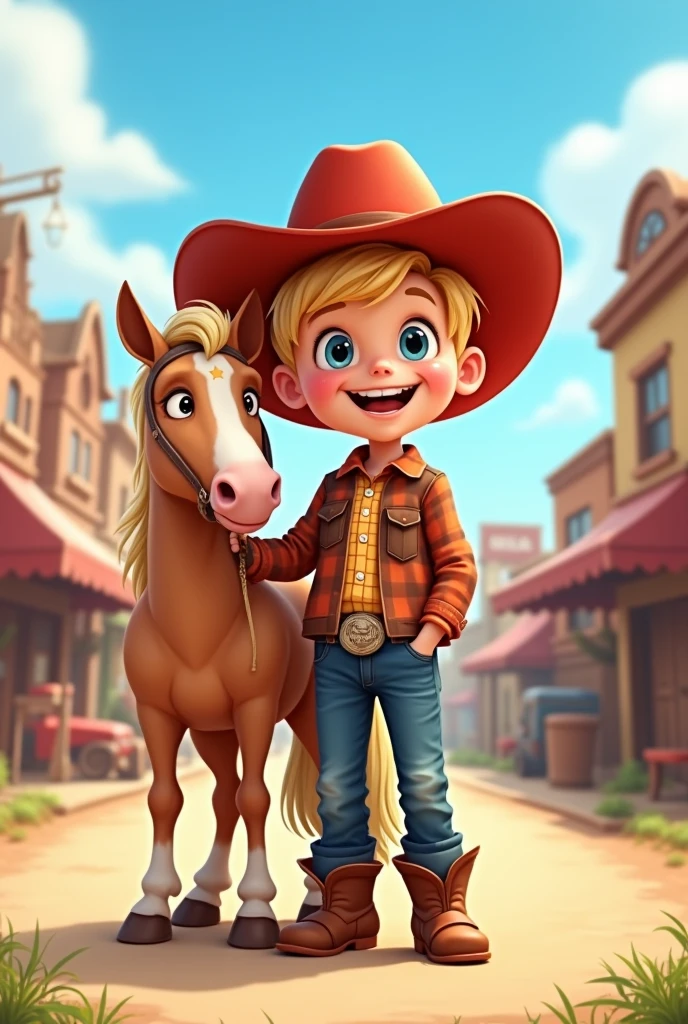 In a small, bustling town, there lived a boy named Cow Boy. He wore a bright red hat and loved riding his pony, Star. Cow Boy dreamed of being a great cowboy, but he needed to learn how to be kind and brave first.

Image Prompt:

"Illustration of Cow Boy, a cheerful young boy with blond hair wearing a bright red cowboy hat, a plaid shirt, denim jeans, and sturdy brown boots, standing next to Star, his light brown pony with a white spot on its forehead. The background shows a quaint town with little shops and blue skies."