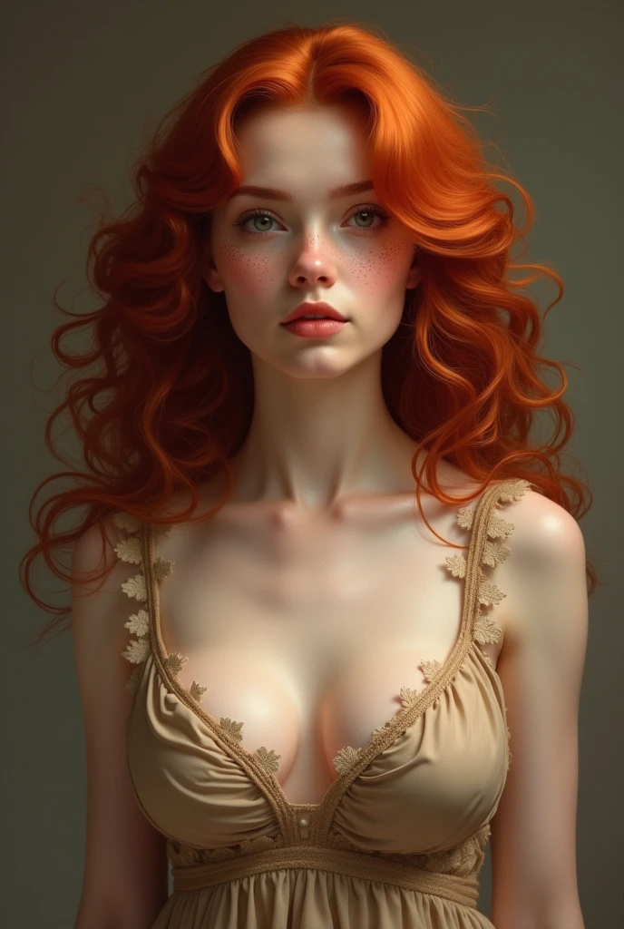 a beautiful red-haired girl, with very curly hair, freckles, breasts big, Waist slender, wide hip, wearing a dress with a very large neckline in the middle of the breasts