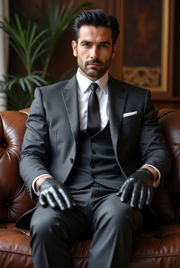 30 years old,daddy,"shiny suit",wear white shirt, very glossy pants, necktie, waistcoat, shiny satin trousers,dark gray satin fabric ,Dad sit down on the sofa, k hd,in the office,"big muscle" ,black hair,asia face,masculine,strong man,the boss is,handsome,,leather gloves,lecherous dad,look straight ahead,dad is handsome,dad is handsome, dad is "big horny daddy"