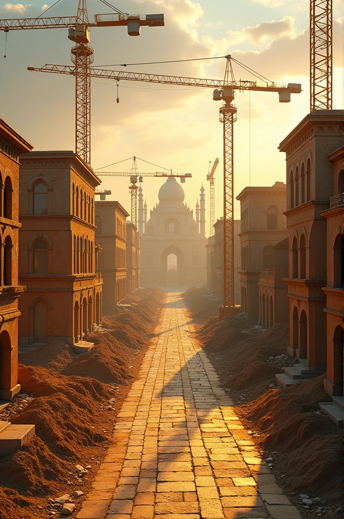 A photo in there is pic of construction site of town half done town , 100 century town coming soon written on it with golden colour , make it aesthetic