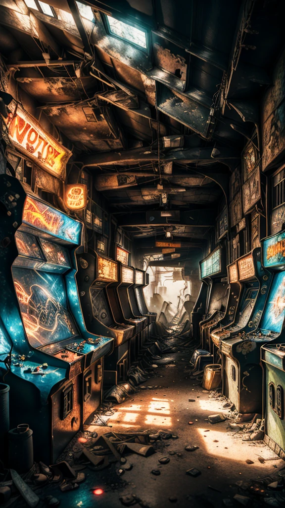 The atmosphere of the end of the world, (((post-apocalyptic_play_zone,dilapidated old arcade))), twinkling neon lights, graffiti-covered walls, dusty air, eerie silence, rusty metal, broken glass, remnants of forgotten eras, survivors of the post-apocalyptic world, overgrown vegetation, rotten posters, nostalgia, desolate landscapes, a glimmer of hope. (Best Quality, Ultra Detailed, Realistic: 1.37), Vintage Style, Vivid Colors, Dramatic Lighting