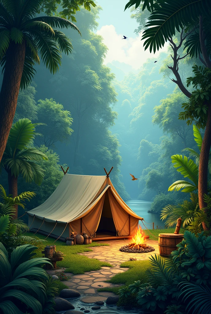 Brazilian forest with camping tent, gram, camp fire, Riu, birds, take it