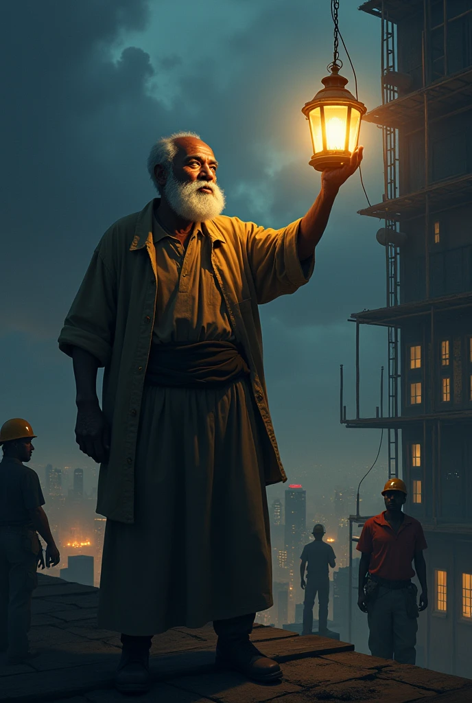 an elderly black man shining a lamp over head in the dark for young generation who are building a sky scraper, low realism