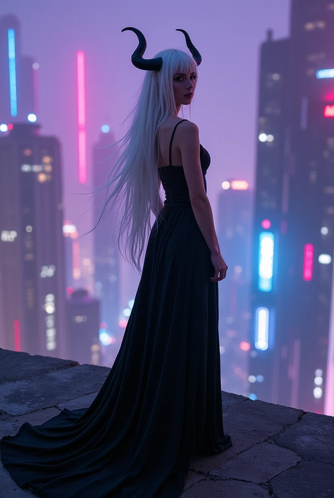 full body photo, woman standing in a terrace above the city, women looking at the viewer, facing the viewer, gown outfit, simple outfit, sfw outfit, outfit covers her legs and chest, outfit in black and white, white long hair flowing in the wind, with horns, background is cyberpunk, dystopia, alien city, purple, blue, and pink lights