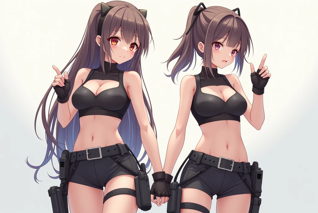 Two lightly armed beautiful girl soldiers wearing compression shorts. Anime style. Small breasts.