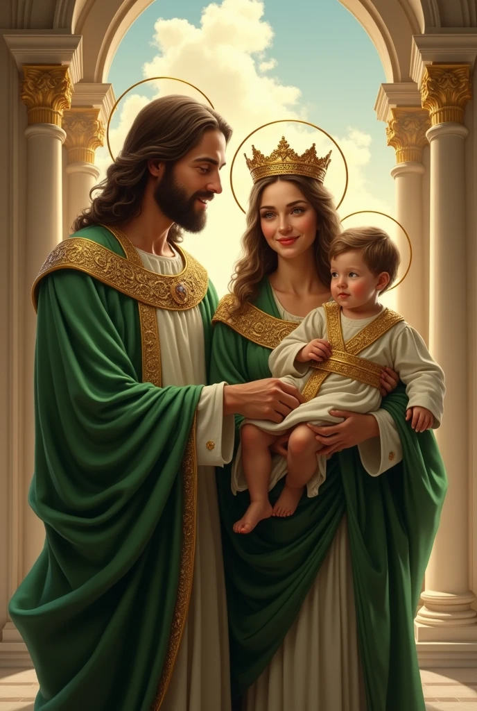 (photorealism:1.2), handsome Jesus Christ and virgin Mary carrying handsome  Jesus, perfect real images, wearing the green color of palace clothes and crown with  light in their head and their heart spreading all over in the church, perfect Jesus Christ, perfect virgin Mary, perfect baby Jesus, real Jesus Christ, real virgin Mary, real baby Jesus, perfect five hands, perfect  foot,perfect smiling face, elegant, soft lighting, many clouds, stand straight, realistic, intricate details, warm colors, by Earl Cornelio Necor