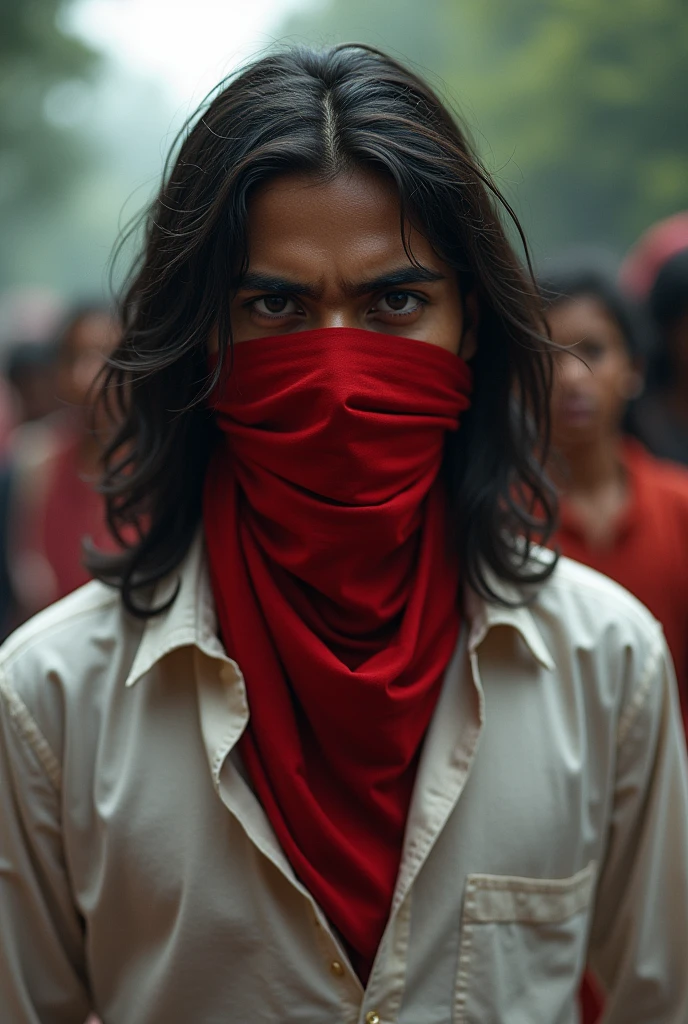 A Bengali student with long hair and red cloth covering his eyes and anger on his face and he wire white shirt