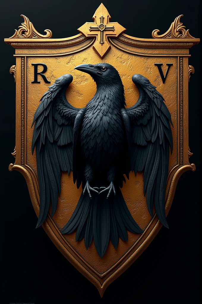 Create a medical family shield, Medieval appearance with Gothic style, Its representative animal is a crow. golden colors. RV Initials. Wide image with black background. With medical cross. multiple details.