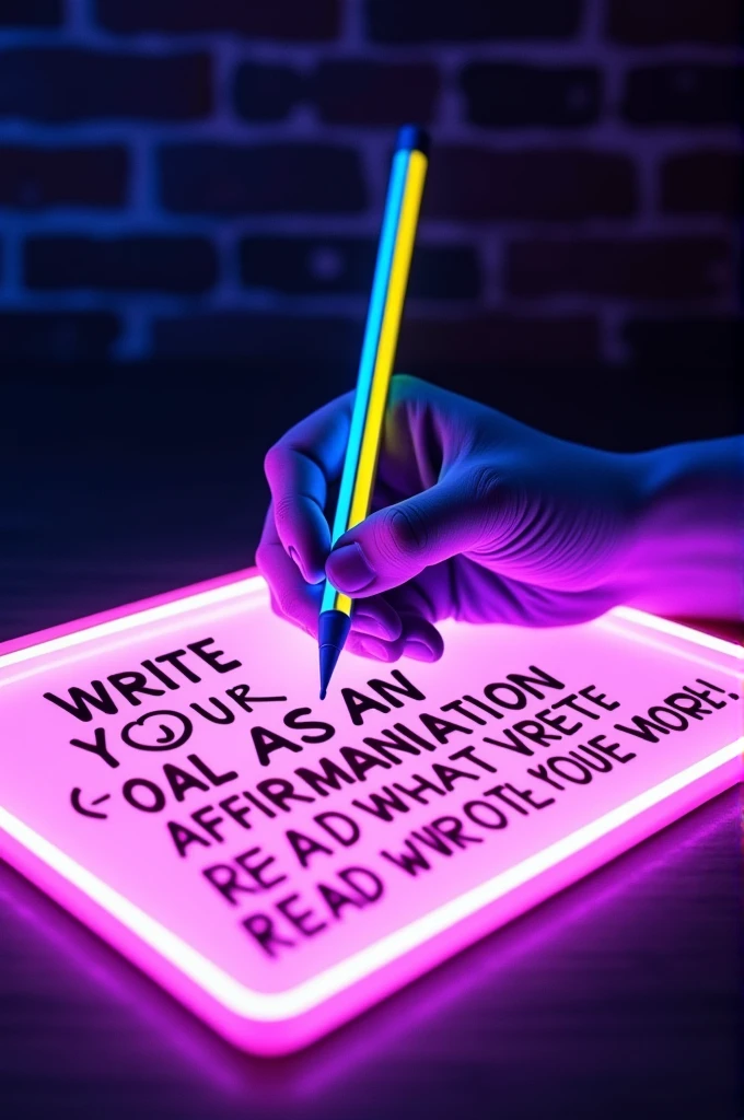 A neon sign of a hand holding a pencil. The hand is depicted in a purple hue, while the pencil is in a bright blue and yellow color combination. Thehand appears to be writing or drawing on a white rectangular surface, which is also illuminated in blue. Below the hand is bright orange neon text that says "WRITE YOUR GOAL AS AN AFFIRMATION,THEN READ WHAT YOU WROTE EVERY DAY" The entire scene is set against a dark brick wall background., typography, vibrant, photoLess
