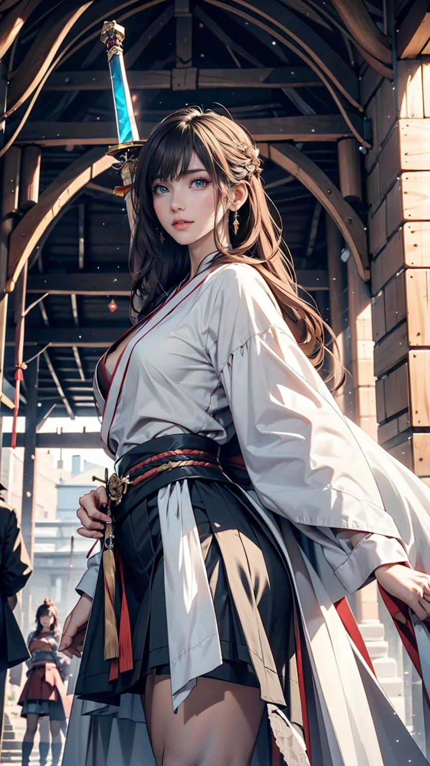 Japanese anime style. woman. middle ages. Europe. Fantasy. skirt. sword. Are standing. whole body. From below.  