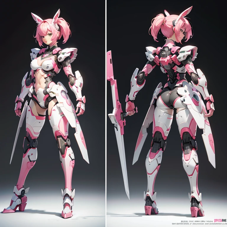 whole body, Exposed breasts, Short-haired girl, Pink Hair, Twin tails, Rabbit-themed mecha, High resolution, Accurate, Anatomically correct, Highest quality, High detail, Exposed shoulders, Exposed Skin, Neon Light, (Highest quality, masterpiece), One girl, cute, Standing girl, ((three views, Front, back and sides)), Character Sheet, whole body, Simple Background, Claw-shaped weapon,