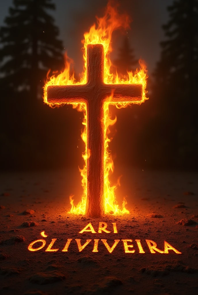 Crui
z pegando fogo ❤️‍🔥 com o nome cravado escrito 
FOCO E FÉ 🙏 ! Put the name , Ari Oliveira Campos at the foot of the cross 