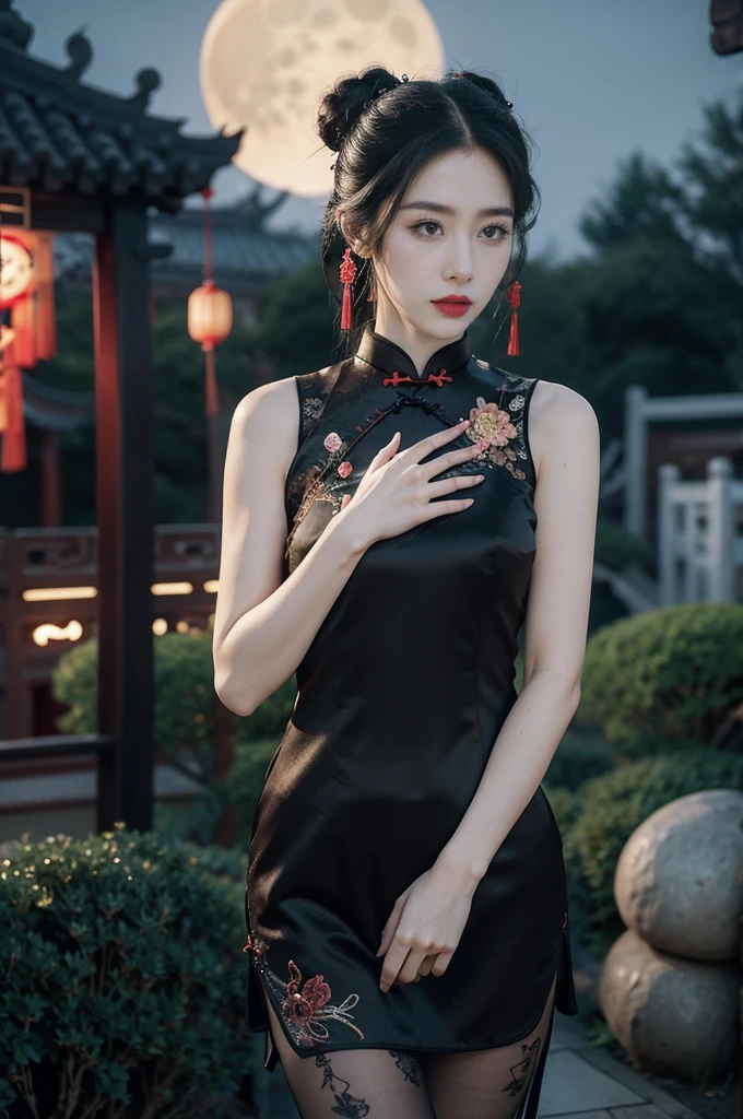 (((best quality))),(((ultra detailed))),(((masterpiece))),illustration,((1 beautiful girl,solo)),(bun hair:1.2),(Ghostly makeup:1.3),(fair skin:1.5),(red lips:1.2),(earrings:1.2),((slim,thin)),((small breasts,flat chest,cleavage)),(black floral embroidered lace sleeveless cheongsam:1.5),(thigh loop:1.3),(slender legs:1.2),(stockings:1.3),(standing:1.3),(A huge moon in the sky:1.3),(moonlit Chinese garden courtyard:1.3),(Ghost Festival:1.3),(Ghostly flames are drifting in the air:1.3),elegant and sophisticated,intricate patterns,curves,dark color,striking visual appeal,ethereal,enchanting,ghostly black blossoms,swaying branches,stone pathways,moss,eerie shadows,ancient pavilion,intricate wooden structure,mystery and intrigue,cicadas chirping,auditory symphony,embodiment of the festival's spirit,bathed in the moon's glow,delicate features,raven-black hair,waterfall of darkness,moon's luminance,captivating allure,sleek fabric,clung to frame,accentuating curves,highlighting beauty,striking appearance,ethereal beauty,hauntingly beautiful scene,captured essence,blend of beauty and mystery,(night scene:1.3),((from front,upper body))