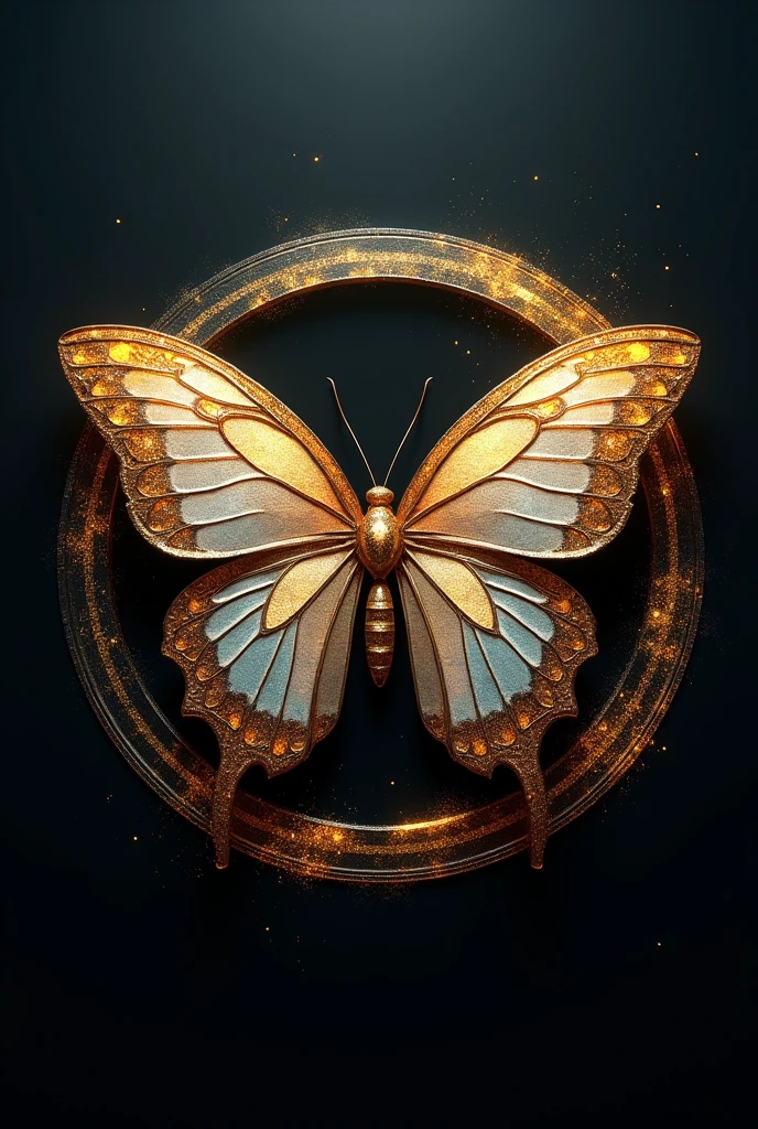 Create a 3D illusion circle logo of Butterfly with gold and glittering fonts, highly realistic image of Butterfly
