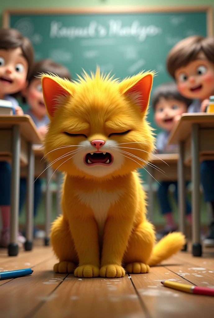 Yellow cat at school crying and shitting in the classroom with everyone laughing at him