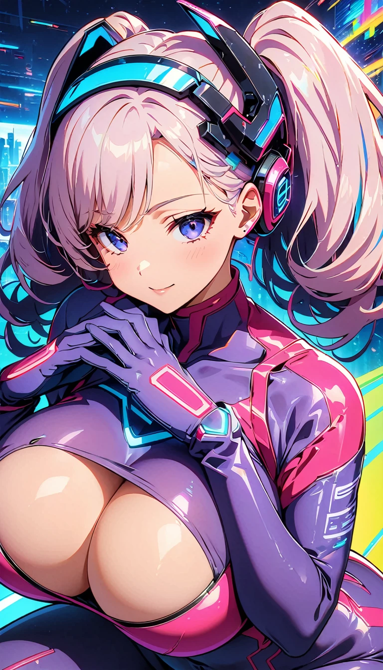 (Anime artwork, Anime Style, Studio Anime, Very detailed, Latest, Vibrant, Anime Coloring, High Contrast, masterpiece:1.2, Highest quality, Best aesthetics), (1 girl), Color Connection, Colored, Vibrant color scheme, colorful, expensive_Big Breasts, Kneel: 1.2, ((Cyber Headset, Mechanical bodysuit:1.2, Cyberware:1.1)), Detailed Headset, Upward glance, Top view, Sitting, Purple bodysuit, Perfect Proportions, Very soft breast expression, Very large breasts, Skin with attention to detail, cute, Detailed face, (Exquisite detail on the hands, Exquisite finger detailing, Five fingers of the hand), (Futuristic Background), (((chromatic aberration, Abstract, colorfulな背景))),