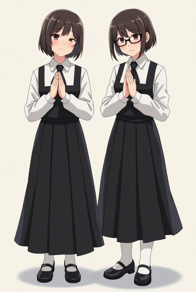 two catholic postulants with folded hands as in prayer with short hair
and wearing glasses and dressed in a black long pleated skirt that covers her knees
and a white blouse and black tie and white stockings and black mary jane shoes