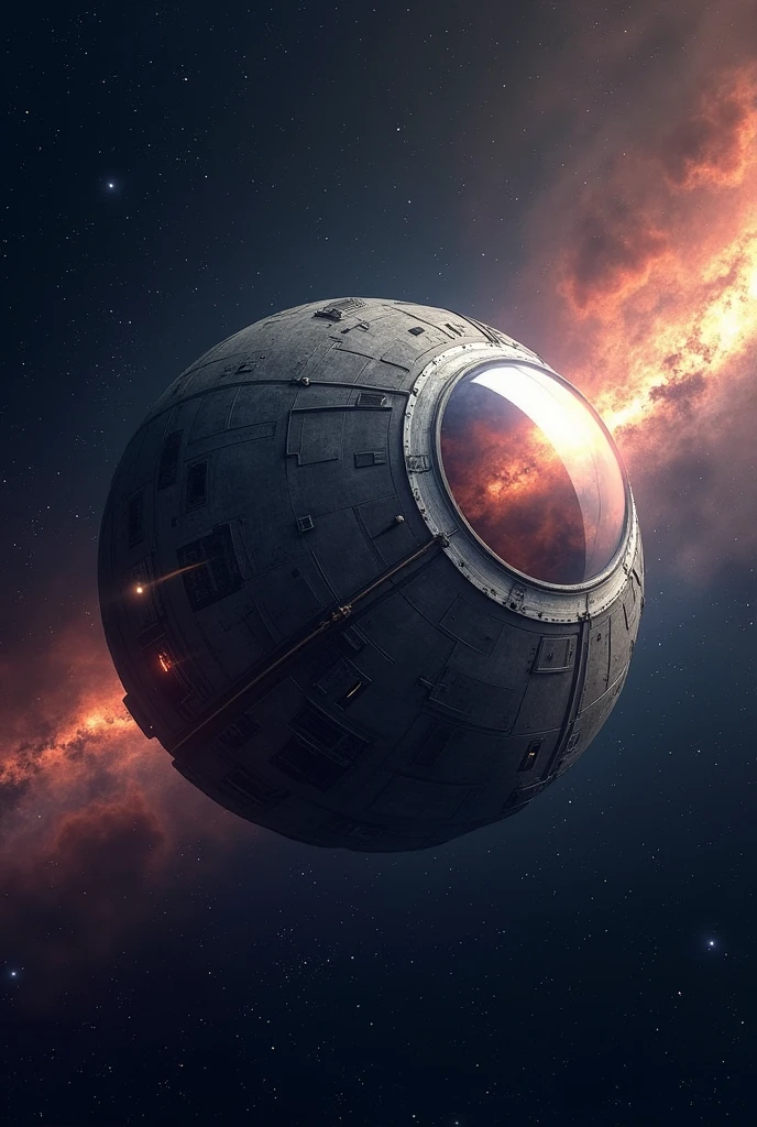 create an image of the ship in spherical format, of the capsule corporation ( dragoon ball z )  Flying through space, in the background the stars and galaxies