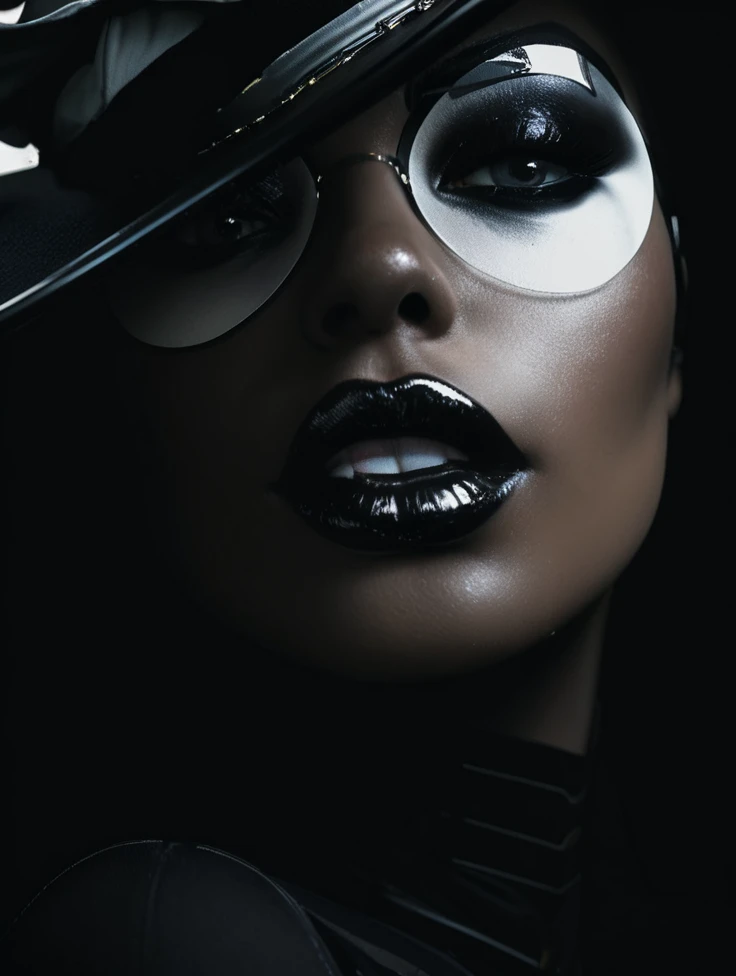 close-up of woman wearing black wide-brimmed hat and silver-gold makeup, with black and red shiny lips, Dramatic lighting on the face, dark makeup, high fashion photography, black makeup, high contrast dramatic lighting, futuristic look, dark makeup on her face, Dark Beauty, futuristic dramatic lighting, shiny black lipstick, gothic and futuristic, black lipstick, dark makeup