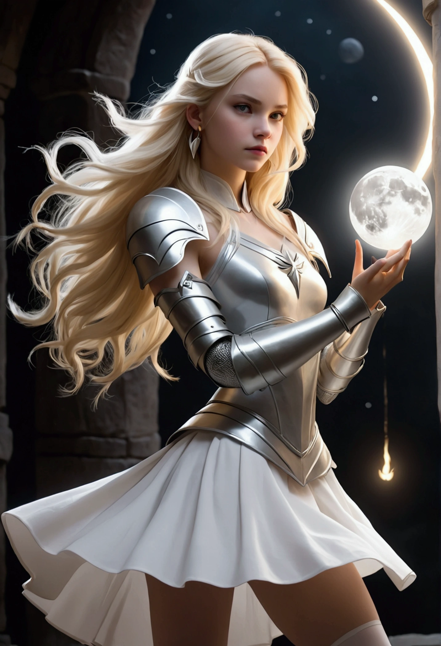 A girl with long, blonde hair that seemed to be bright, wearing iron armor and a white ballet skirt, holding white lightning in her hand and wearing moon-shaped earrings.