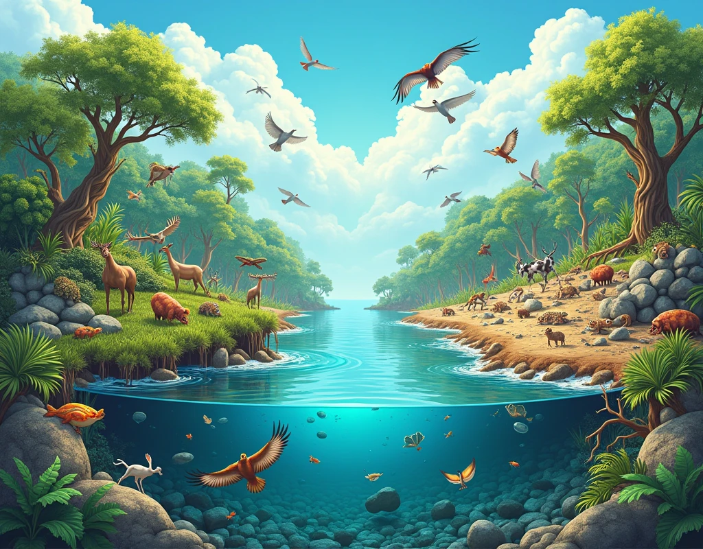 The poster is divided into two sides. On one side, there's a bright and healthy environment with green plants, clean rivers, and lots of animals. On the other side, it's dry and lifeless, with brown, dead trees, plastic bags everywhere, and polluted rivers that are harming the animals.