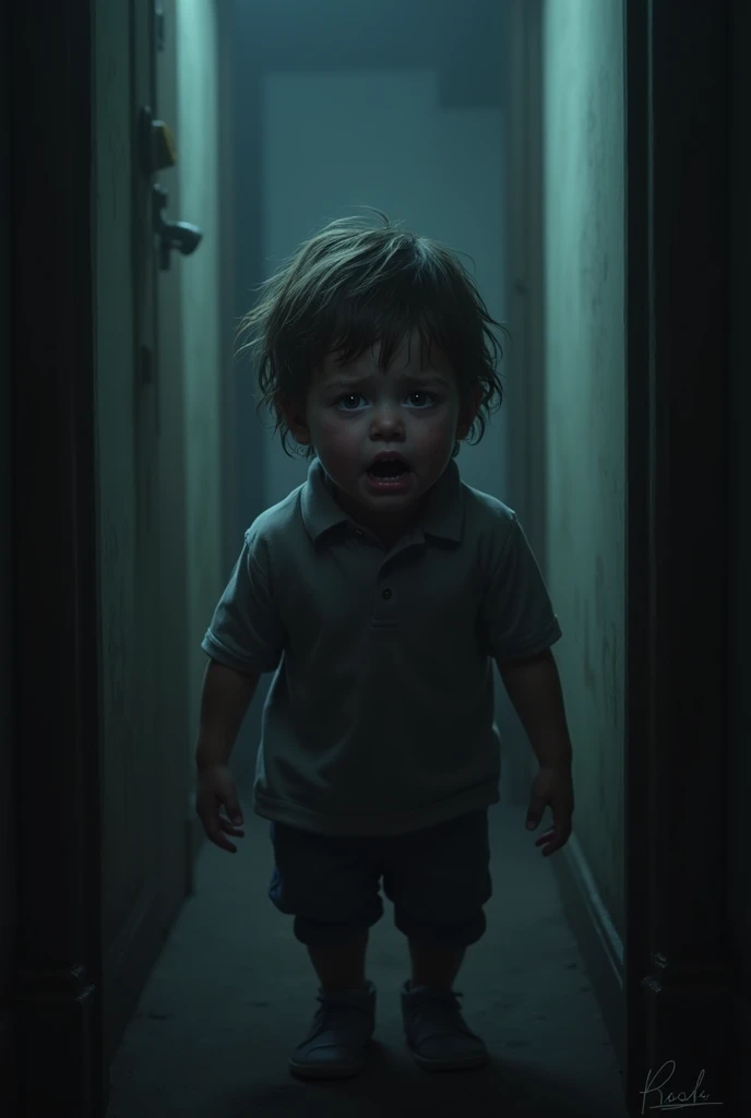 Child alone in a dark room with a macabre smile real photo