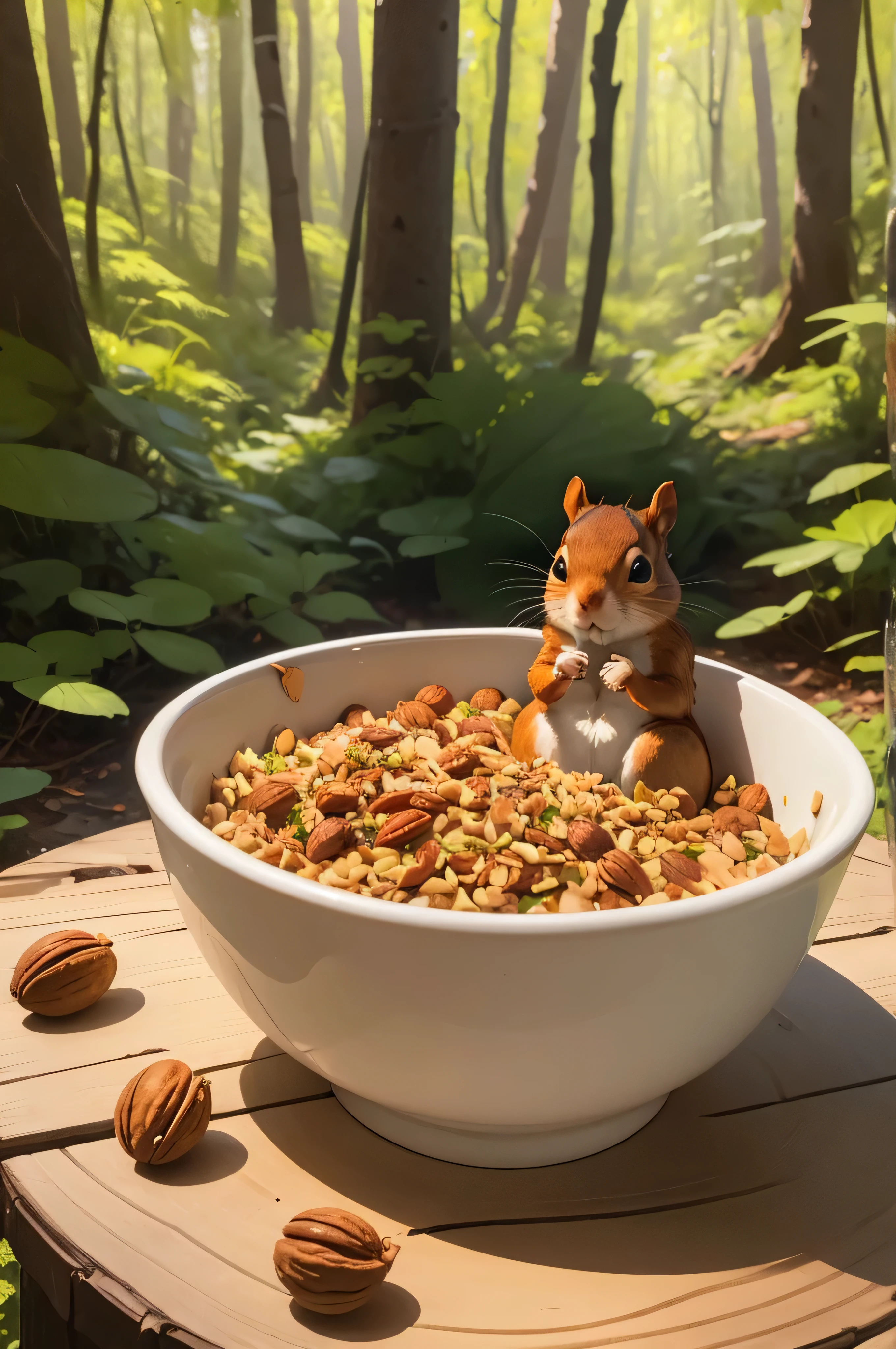 a big bowl full of nuts in the forest, and a little squirrel inside the bowl of nuts, forest setting