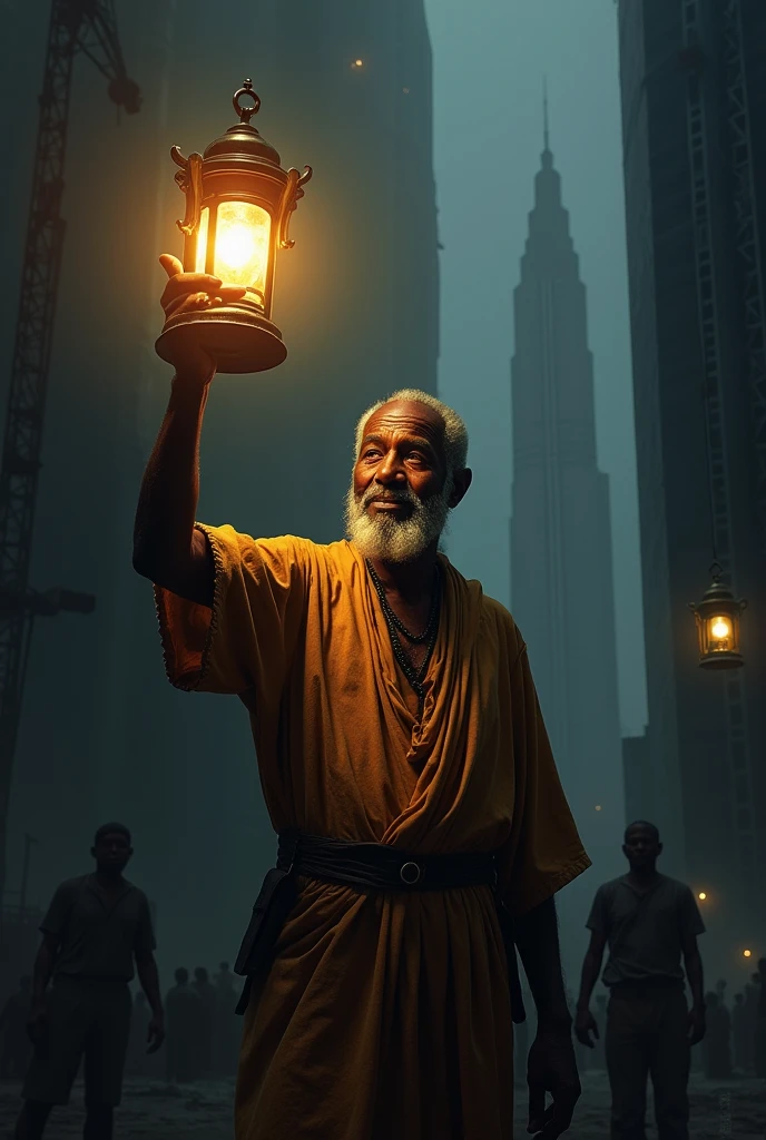 an elderly black man wearing traditional Ethiopian cloth shining a lamp over head in the dark for young generation who are building a sky scraper and don't show their faces