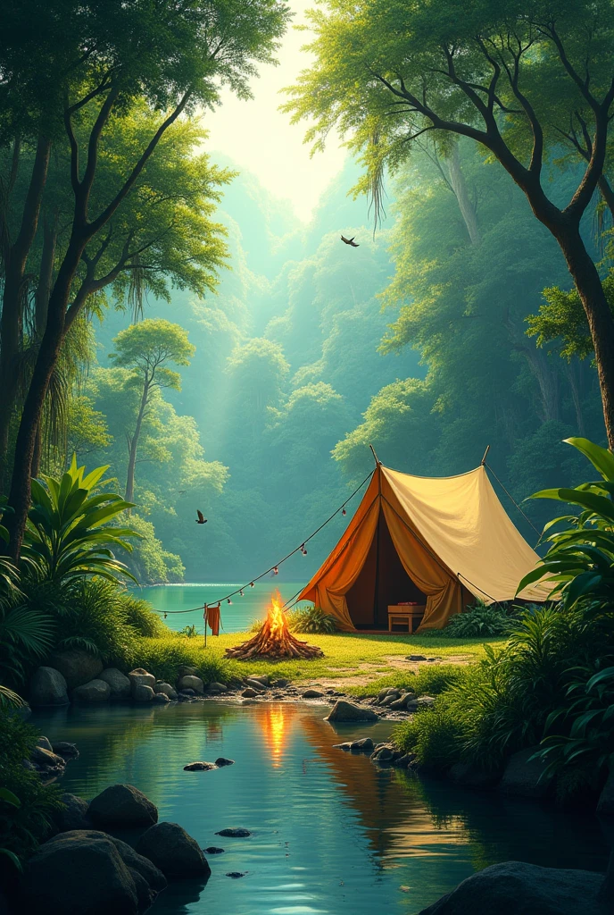 Brazilian forest with camping tent, remaining vegetation, camp fire, river on the left side, birds, take it