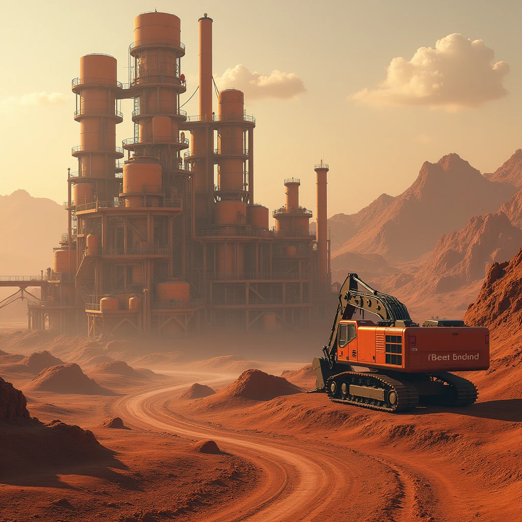 Mars, mineral resource extraction plant, factory, (excavator:1.5), real, (science fiction:1.5), (futuristic:1.5), precision, masterpiece