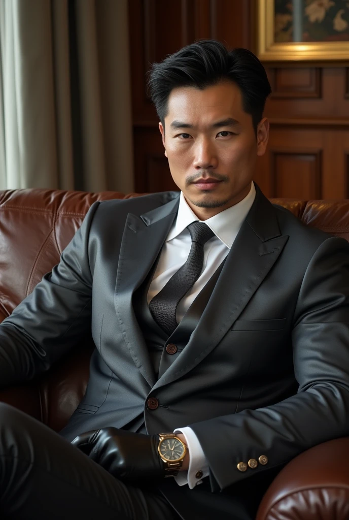 Chinese man ,30 years old,daddy,"shiny suit",wear white shirt, very glossy pants, necktie, waistcoat, shiny satin trousers,dark gray satin fabric ,Dad sit down on the sofa, k hd,in the office,"big muscle" ,black hair,asia face,masculine,strong man,the boss is,handsome,,leather gloves,lecherous dad,look straight ahead,dad is handsome,dad is handsome, dad is "big horny daddy"