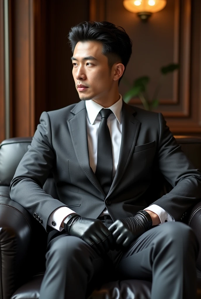 Chinese man ,30 years old,daddy,"shiny suit",wear white shirt, very glossy pants, necktie, waistcoat, shiny satin trousers,dark gray satin fabric ,Dad sit down on the sofa,  k hd,in the office,"big muscle" ,black hair,asia face,masculine,strong man,the boss is,handsome,,leather gloves,lecherous dad,look straight ahead,dad is handsome,dad is handsome, dad is "big horny daddy"