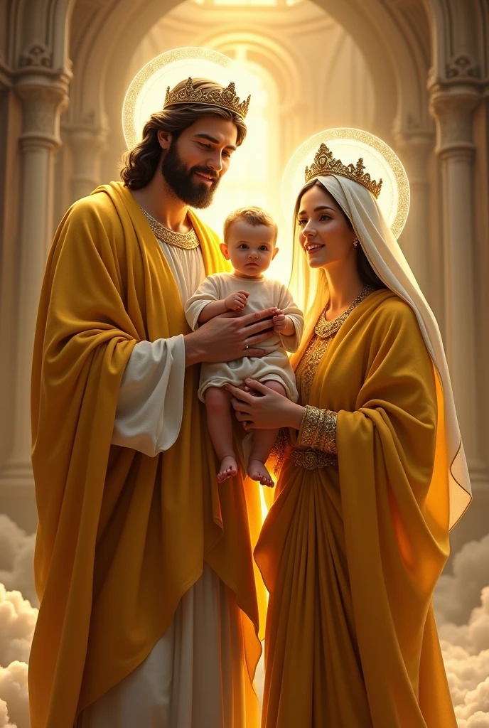 (photorealism:1.2), handsome Jesus Christ and virgin Mary carrying handsome baby Jesus, perfect real images, wearing the gold color of palace clothes and crown with  light in their head and heart spreading all over in the church, perfect Jesus Christ, perfect virgin Mary, perfect baby Jesus, real Jesus Christ, real virgin Mary, baby Jesus, perfect five hands, perfect  foot,perfect smiling face, elegant, soft lighting, many clouds, stand straight, realistic, intricate details, warm colors, by Earl Cornelio Necor