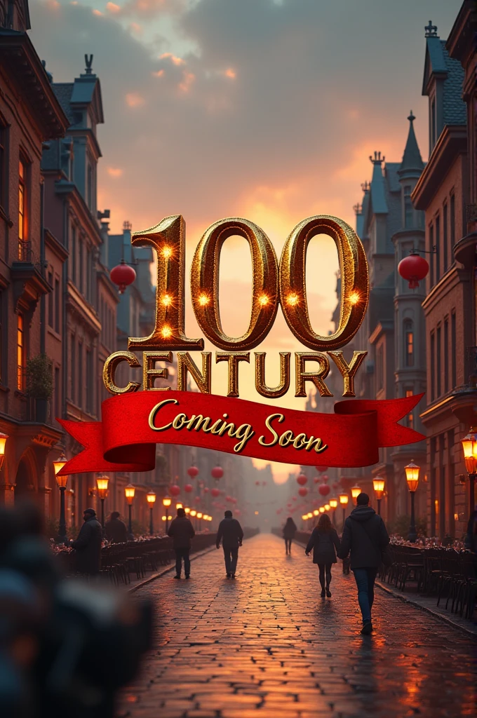 A photo in there is pic of beautiful city , 100 century town coming soon written on it with golden colour and a red ribbon in the middle , make it aesthetic
