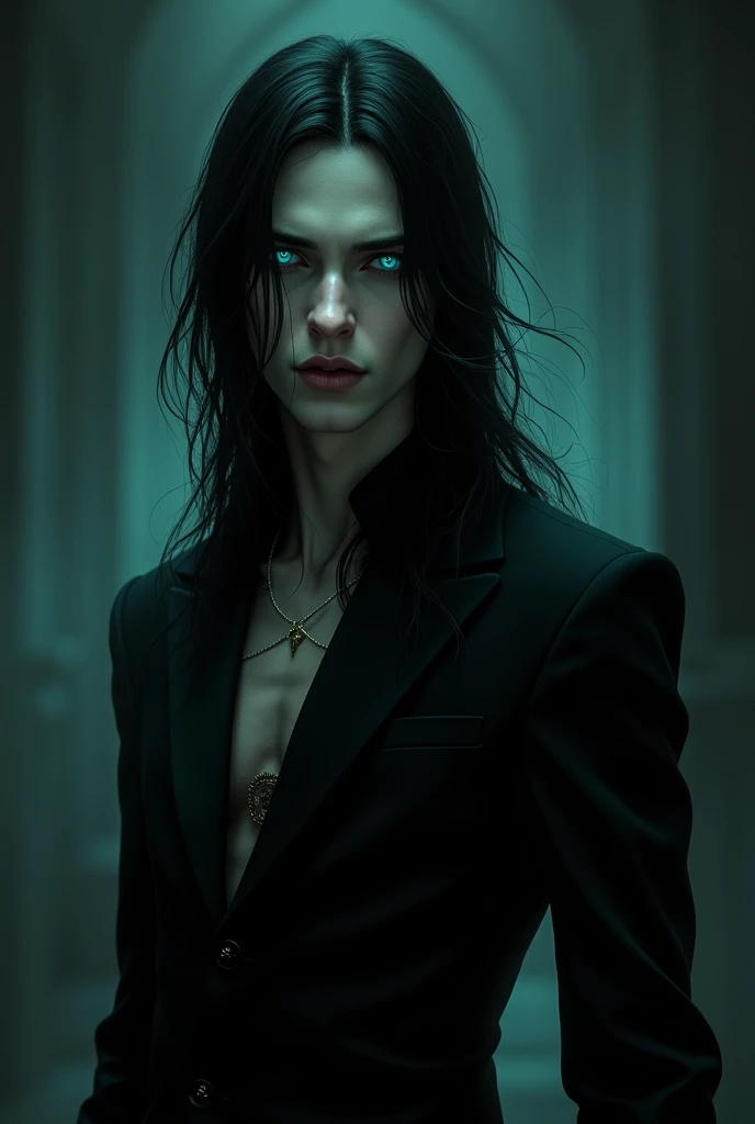 A slender male with long black hair and teal eyes, dressed entirely in gothic black clothes. His skin is white and pale like a vampire.