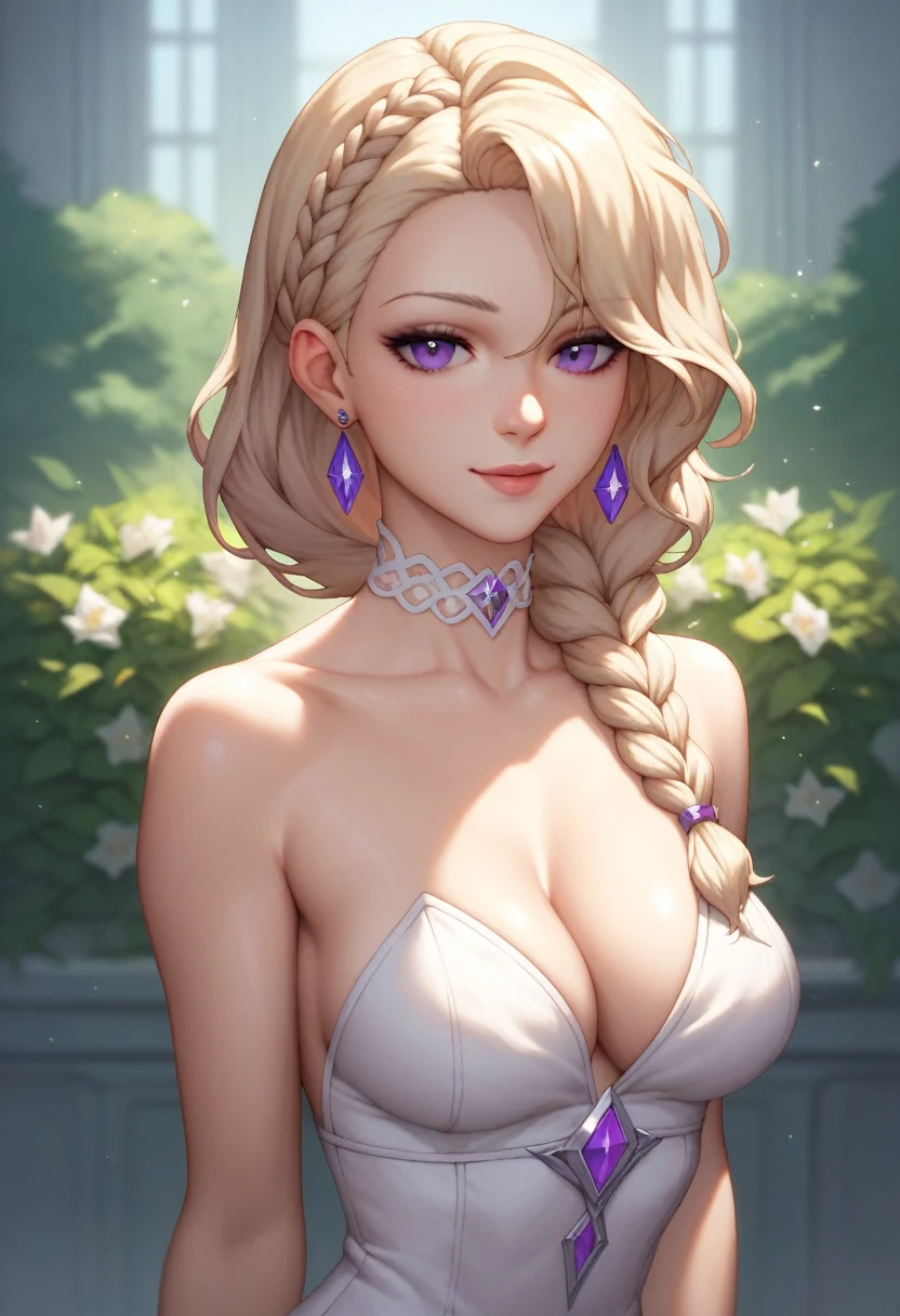 1girl,highres,  high quality,  masterpiece, mxmkWhiteDress,  bare shoulder, purple eyes, white dress, braid