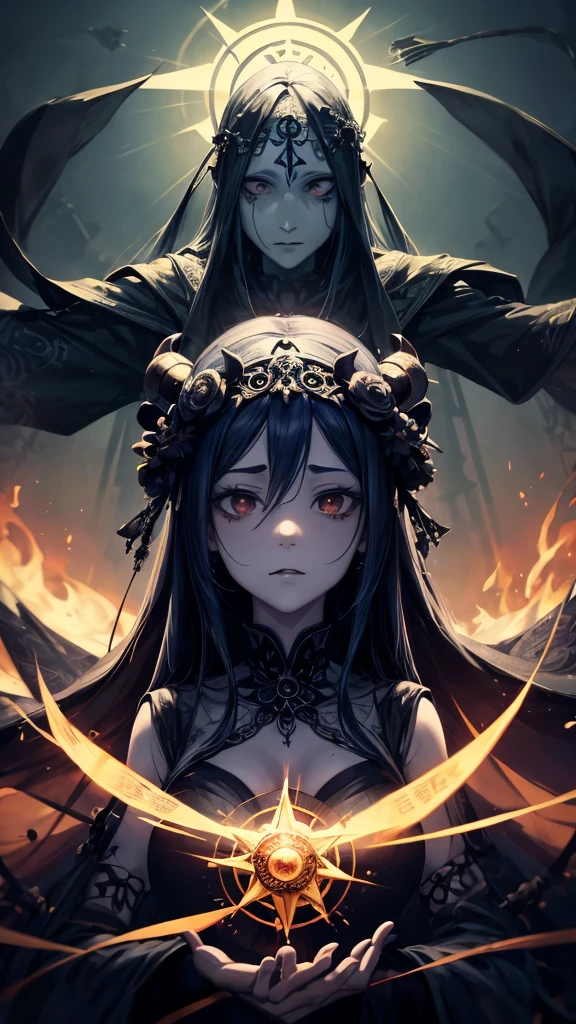 a art of a woman with a dark crown on her head, (((occult art))), extremely detailed goddess ancient hisako art, hisako goddness. extremely detailed, occult corrupted, Ghost illumination, (faded drawing :1.2), snobbish face, (gothic art style, eerie art style :1.3), faded colors