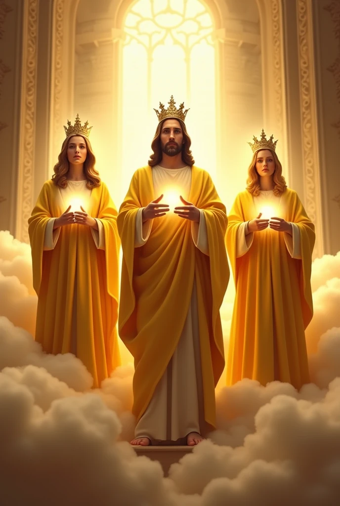 (photorealism:1.2), handsome Jesus Christ and virgin Mary carrying handsome baby Jesus, perfect real images, wearing the yellow color of palace clothes and crown with light in their head and their heart spreading all over in the church, perfect Jesus Christ, perfect virgin Mary, perfect baby Jesus, real Jesus Christ, real virgin Mary, real baby Jesus, perfect five hands, perfect foot,perfect smiling face, elegant, soft lighting, many clouds, stand straight, realistic, intricate details, warm colors, by Earl Cornelio Necor