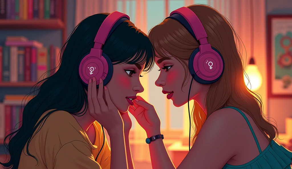 Two lesbian women with headphones. In a room. Rainbow and female symbol. textbooks