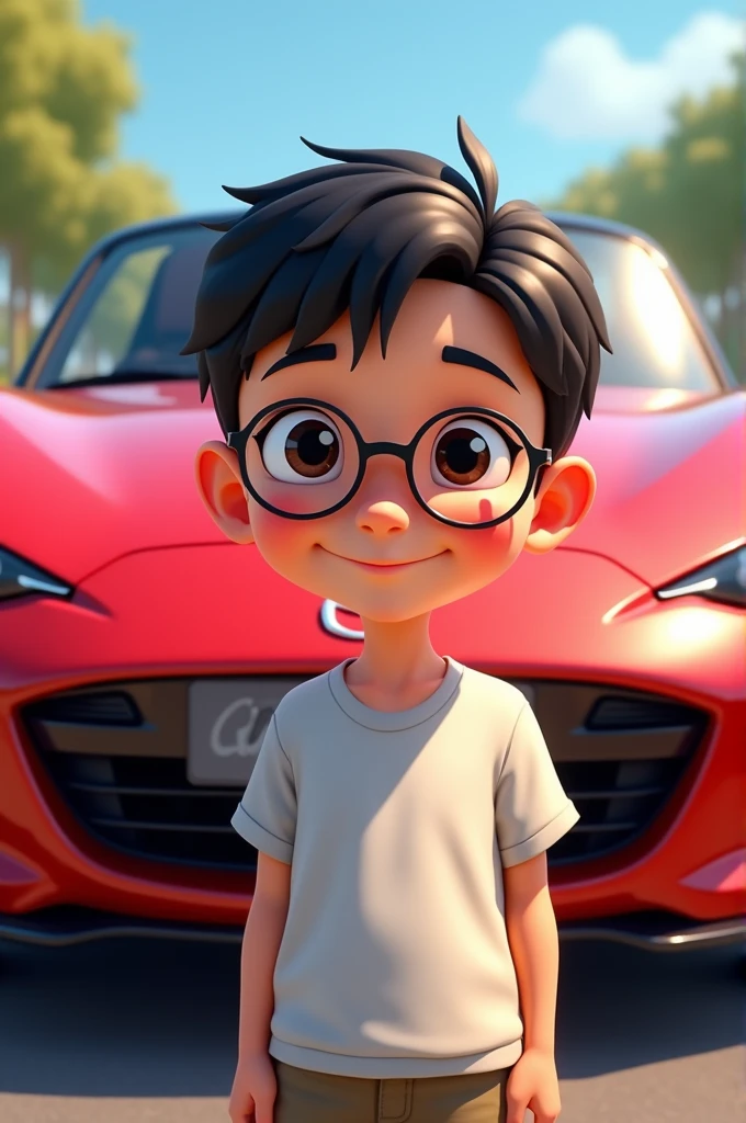 Kid 8  with black hair short and glasses, with a Miata Mazda behind, animated art