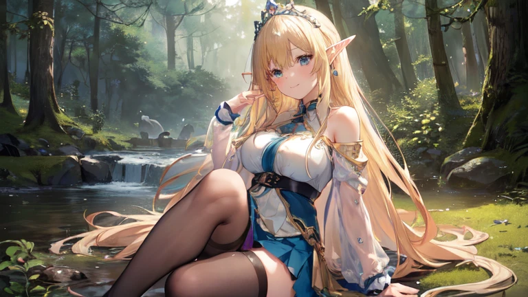 best quality、Highest image quality、Super beautiful elf beauty((22-year-old OL with big bust、Bust 90,Beautiful long permed hair、Blonde、Slender、beautiful tiara、high quality、Elf ears、Happy smile、myth、Sexy的、extremely good、Mysterious Forest、in the woods、super high quality, Super detailed, Ultra-clear, forest, one person, long blonde hair, sleep, Swimsuit, beautiful color clothes, mini skirt, Stockings, Sexy,