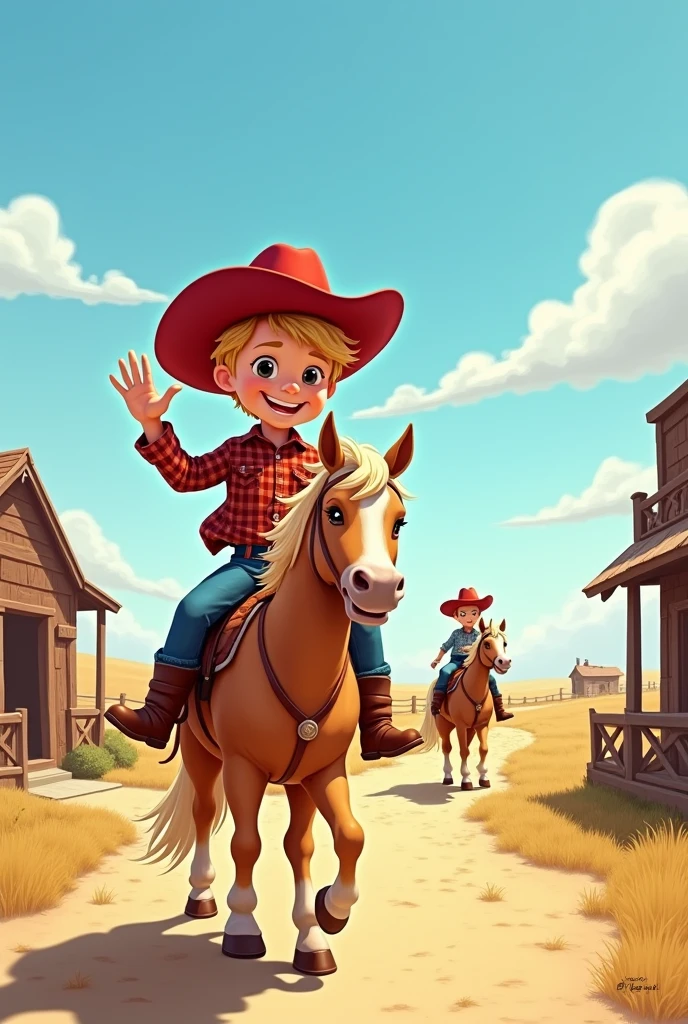 Image Prompt:
"Illustration of Cow Boy, a cheerful young boy with blond hair wearing a bright red cowboy hat, a plaid shirt, denim jeans, and sturdy brown boots, standing next to Star, his light brown pony with a white spot on its forehead. The background shows a quaint town with little shops and blue skies."
Page 2
Content:
One sunny morning, Cow Boy decided it was time to go on a big adventure! He waved goodbye to his friends and rode off into the open prairie, excited to see what he would discover.
Image Prompt:
"Illustration of Cow Boy waving goodbye to a group of friends at the edge of his town, with small wooden houses and a horse trough in the background. The sun shines brightly overhead, and Cow Boy rides Star away from the town toward the prairie."
