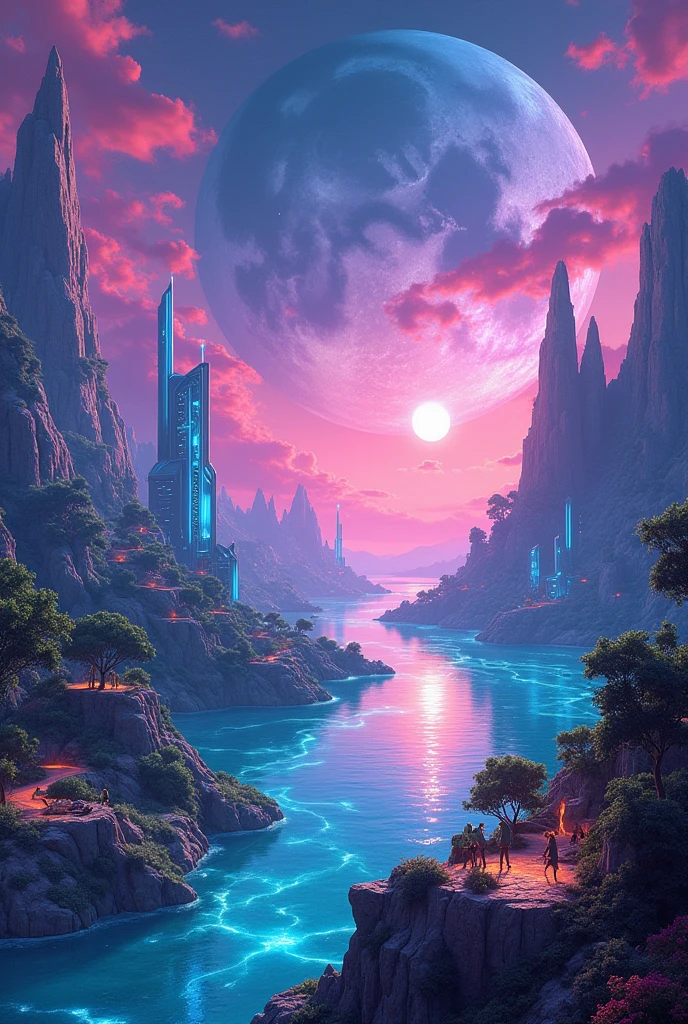 ((best quality)), ((masterpiece)), (detailed), Create a vibrant, otherworldly landscape of Quan5am World. Imagine a planet where technology and nature seamlessly blend together. The sky is a swirling tapestry of neon colors—purples, blues, and greens—illuminated by three large moons casting a soft glow. Floating islands with lush, bioluminescent vegetation hover above a shimmering ocean that reflects the kaleidoscopic sky. Futuristic cities with sleek, transparent towers and glowing pathways are nestled among towering crystal formations. The scene is alive with diverse alien creatures, some of which have intricate, glowing patterns, interacting harmoniously with advanced technology. The overall atmosphere is both serene and awe-inspiring, combining elements of sci-fi and fantasy.