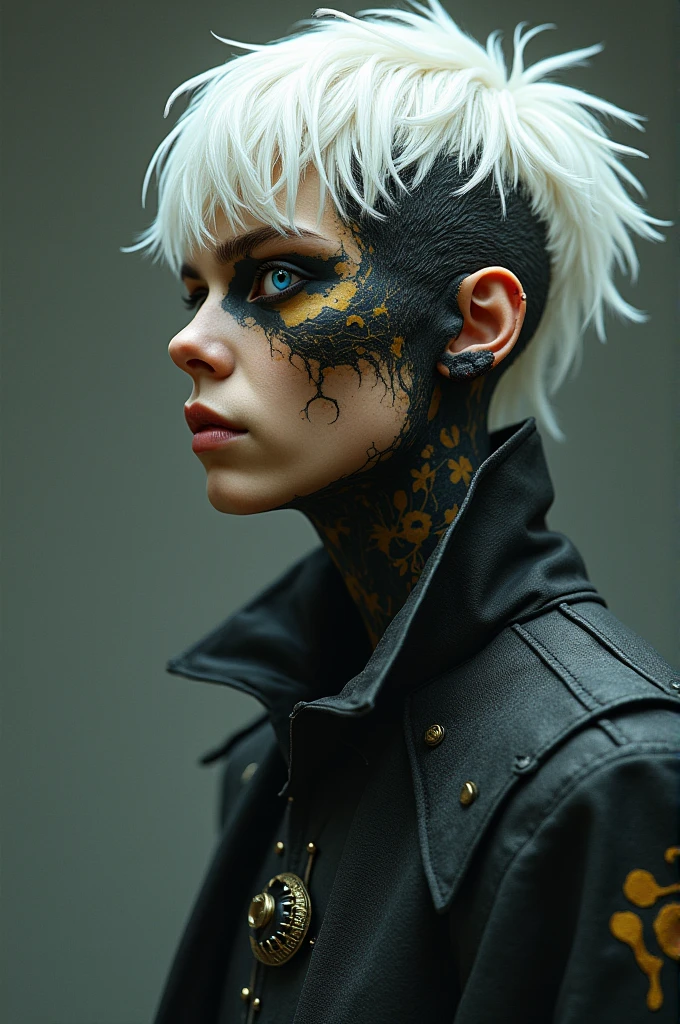 The right eye is a compound eye with yellow and black as the main color.、The left eye is hollow、The feathers that had fallen out were growing back、With translucent white hair、Please draw a young man with an emaciated right hand and a burned left leg.