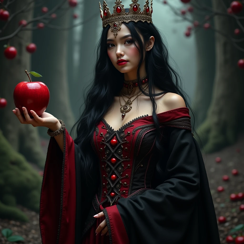 Girl,Black long hair，Black Queen，accessories，Apple in hand，Poison apples，Witch Queen，Red lipstick