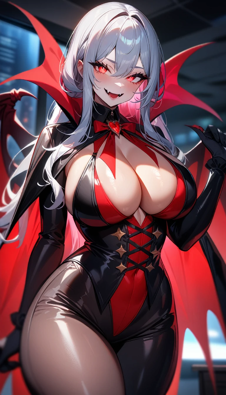 1girl,solo,super detailed skin,shiny skin,seductive smile,majestic vampire wings, bloody skin,multicolored skin,vampire,fangs,glowing eyes,eyelashes ,large breasts,beautifully shaped breasts,vampire clothes,vibrant colors ,standing,office,masterpiece,best quality,ultra detailed,high resolution,sharp focus,depth of field