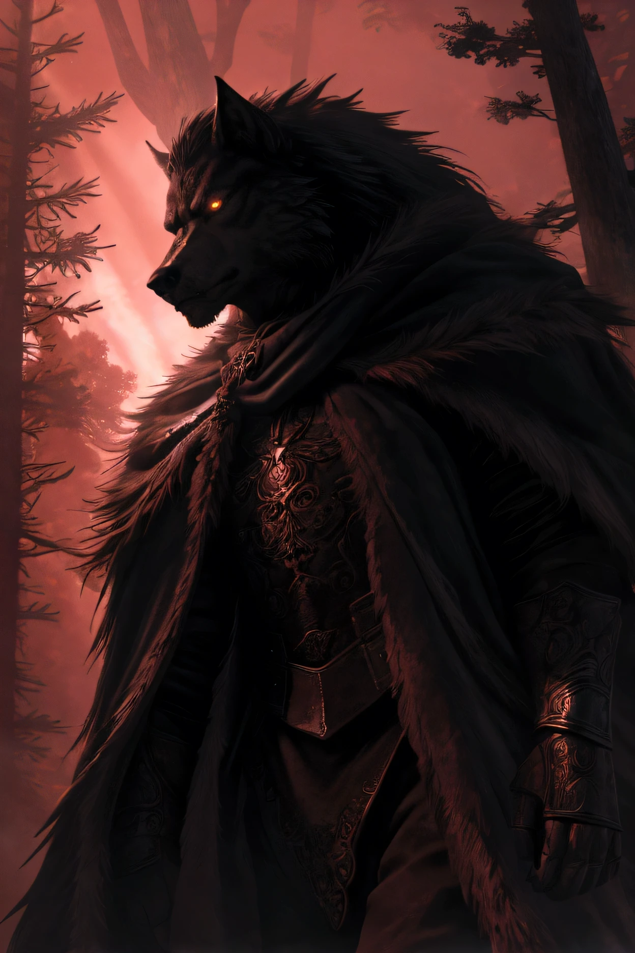 a lone wolf in a dark forest, detailed portrait of a humanoid wolf creature with glowing golden eyes, dramatic lighting, fantasy, cinematic, moody, high quality, 8k, unreal engine, volumetric lighting, epic, dramatic, cinematic angle, chiaroscuro lighting, atmospheric, photorealistic
